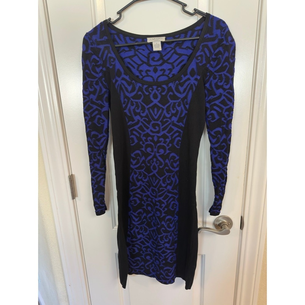 Carmen Marc Valvo Blue Black Damask Jacquard‎ Knit Long Sleeve Sweater Dress S